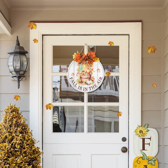 Glitzhome® 15" Fall Wood Round Word Sign Door Hanger